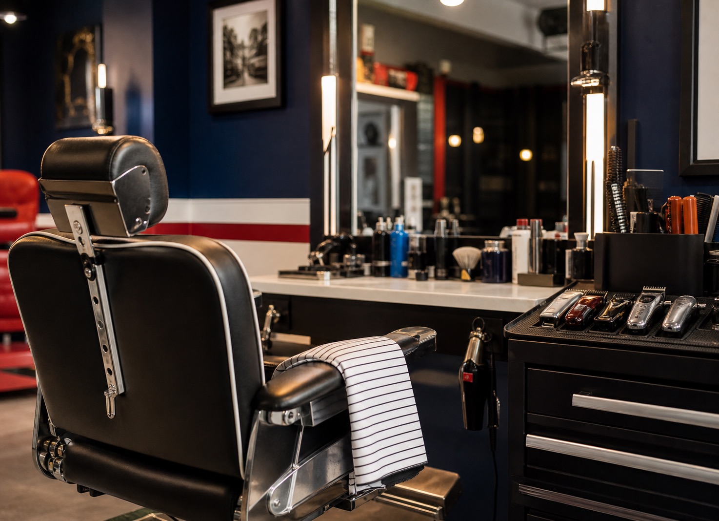 AI-generated representative image of a clean modern barbershop station