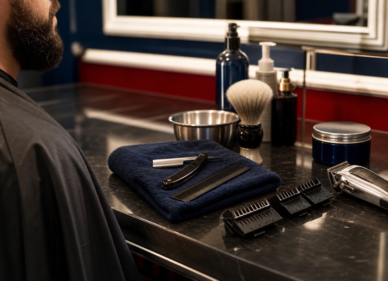AI-generated representative image of beard grooming tools on a barbershop counter
